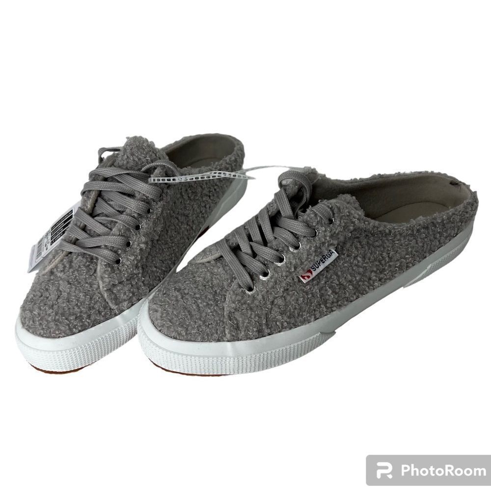 NWOT! Superga Slip On Shearling Mule Round Toe Light Gray Women S3112mw Sneakers